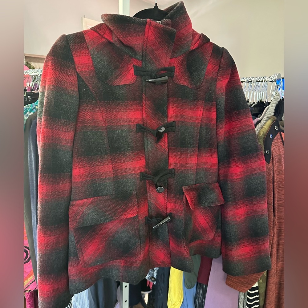 Kristen Blake red gray plaid wool blend jacket coat hooded sz S EUC